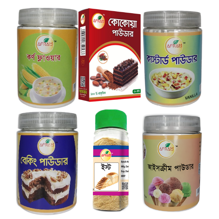 Picture of Afram Corn Flour-100g,Baking 100g,Custard100g,Ice Cream p100g, Cocoa Powder 100g,Yeast 40g,soda90g,Cake Decoration30g+Food Colour (5 pieces) Blue,Red ,Yellow ,Green, Pink  Flavour{Essen} 5pieces  vanilla, chocolate, strawberry, banana, mango, Agar Ager30g