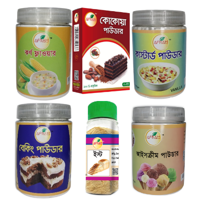 Picture of Afram Corn Flour-100g,Baking 100g,Custard100g,Ice Cream p100g, Cocoa Powder 100g,Yeast 40g,soda90g,Cake Decoration30g+Food Colour (5 pieces) Blue,Red ,Yellow ,Green, Pink  Flavour{Essen} 5pieces  vanilla, chocolate, strawberry, banana, mango, Agar Ager30g