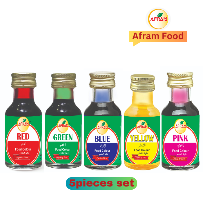 Picture of Afram Corn Flour-100g,Baking 100g,Custard100g,Ice Cream p100g, Cocoa Powder 100g,Yeast 40g,soda90g,Cake Decoration30g+Food Colour (5 pieces) Blue,Red ,Yellow ,Green, Pink  Flavour{Essen} 5pieces  vanilla, chocolate, strawberry, banana, mango, Agar Ager30g