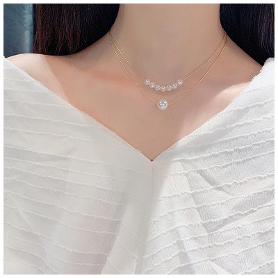 Picture of Smoxx Korean Fashion Elongated Pearl Necklace, Simple Thin Knotted Chain Size,Double Layer Clavicle Chain Jewelry Valentine's Day Gifts for Girlfriend
