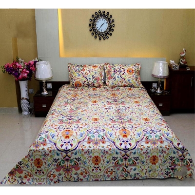 Picture of King Size Cotton Twill Panel Bed Sheet Set (7.5x8.5 ft) - Includes Two Pillow Covers (20 to 36 inch) - Flat Type - Thread Count: 400 - Hand and Machine Washable"