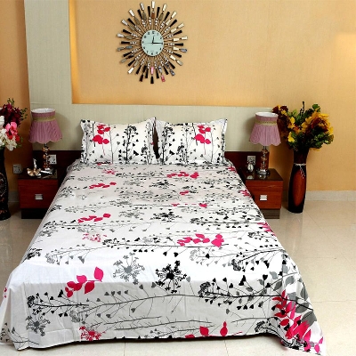 Picture of Digital Home TEX Cotton Multicolor (White Natural) King Size Flat Bed Sheet (7.5 x 8.5 ft) with Two Pillow Covers- 300 Thread Count- Hand Washable