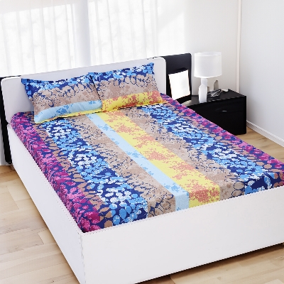 Picture of Digital Home TEX Cotton Multi-color Double King Size Flat Bed Sheet Set (7.5 x 8.5 Feet) with Two Pillow Covers - Easy Maintainance Hand Washable