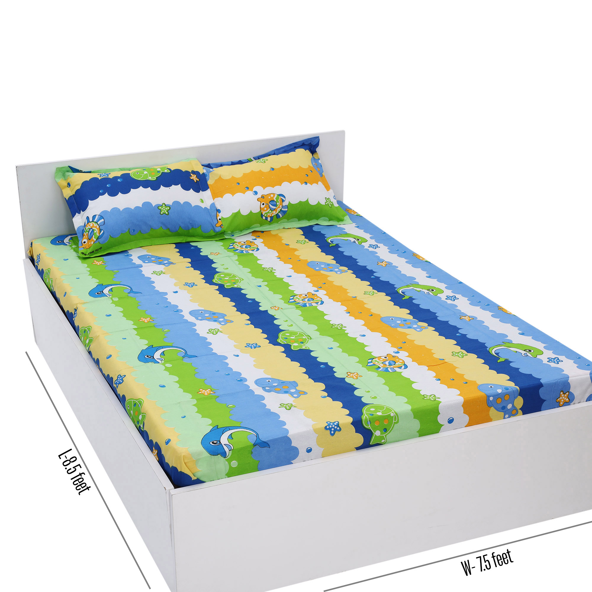 Picture of Digital Home TEX Cotton Multicolor Double King Size Flat Bed Sheet Set (7.5 x 8.5 ft) with Two Pillow Covers - Easy Maintainance Hand Washable