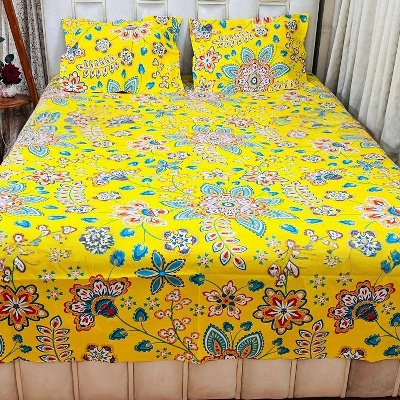 Picture of Digital Home TEX Cotton Multicolor Double King Size Flat Bed Sheet Set (7.5 by 8.5 Feet) with Two Pillow Covers - 300 Thread Count- Hand Washable