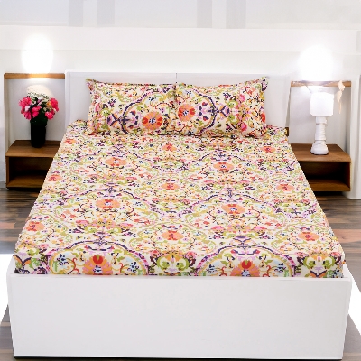 Picture of Digital Home TEX Cotton Multicolor Double King Size Flat Bed Sheet Set (7.5 x 8.5 Feet) with Two Pillow Covers - Easy Maintainance Hand Washable