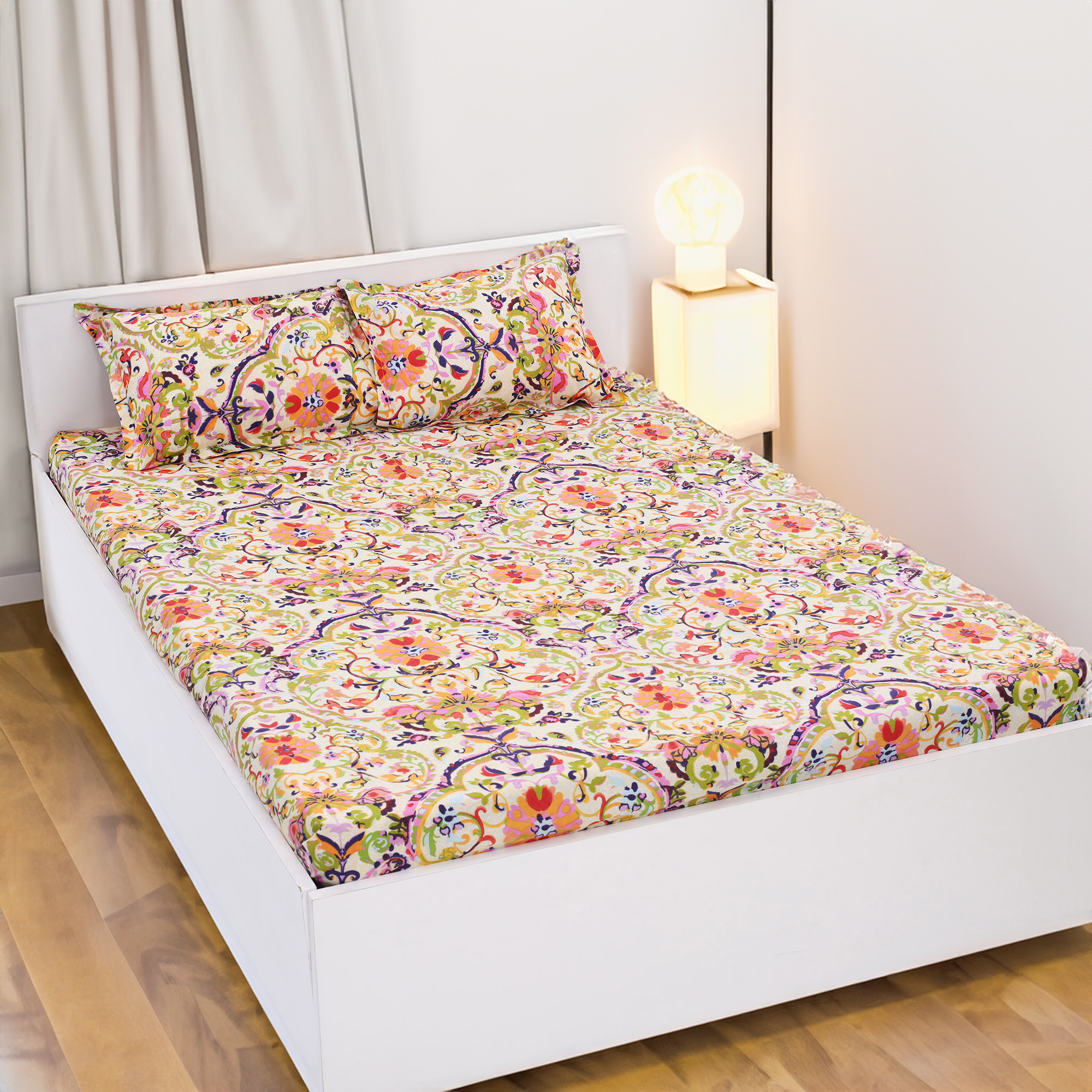 Picture of Digital Home TEX Cotton Multicolor Double King Size Flat Bed Sheet Set (7.5 x 8.5 Feet) with Two Pillow Covers - Easy Maintainance Hand Washable