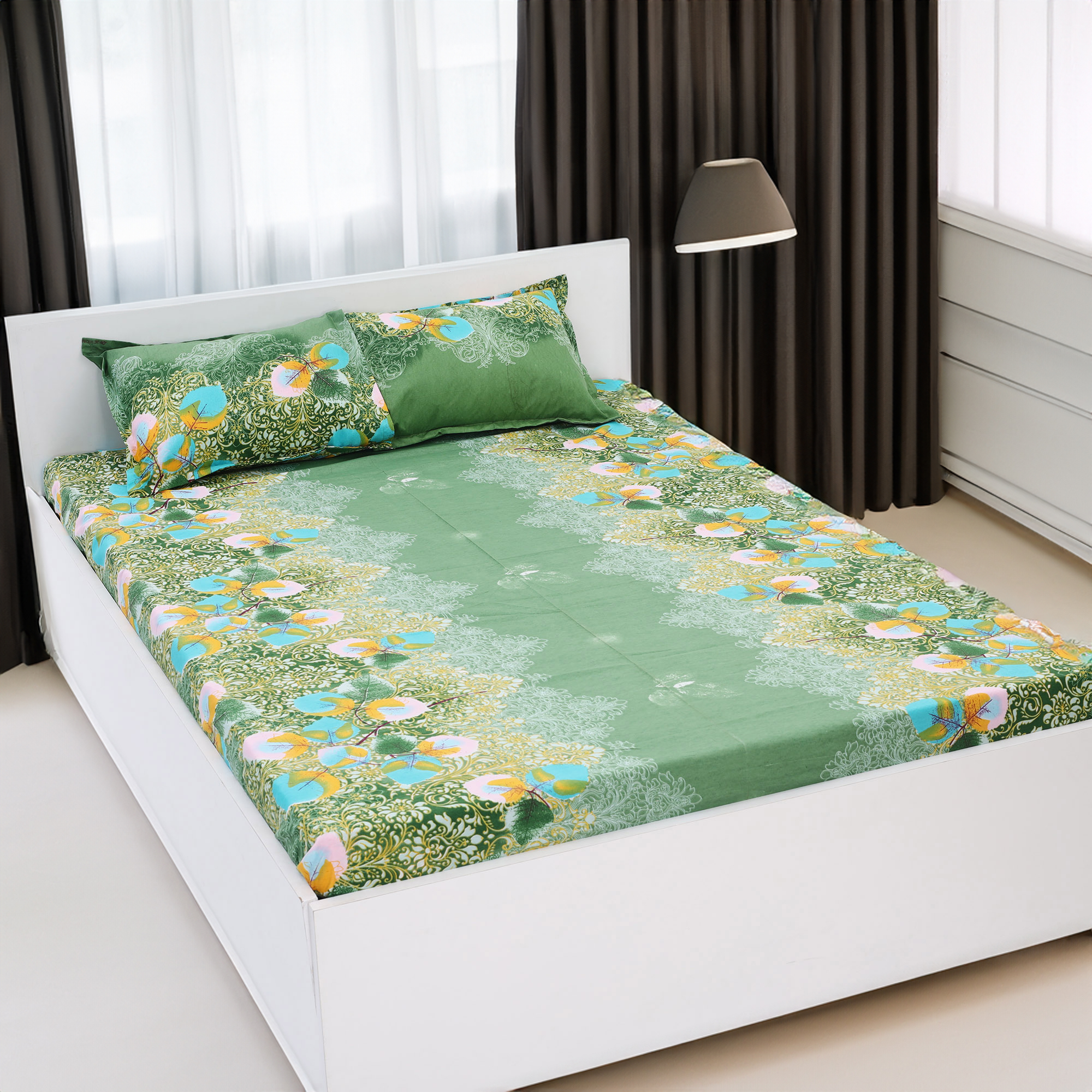 Picture of Digital Home TEX Cotton Multicolor Double King Size Flat Bed Sheet Set (7.5 by 8.5 Feet) with Two Pillow Covers - Easy Maintainance Hand Washable