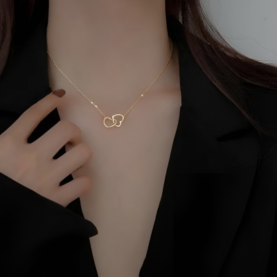 Picture of Double -hearted necklace golden color Necklace Heart Shaped, Small Design Chain Necklace