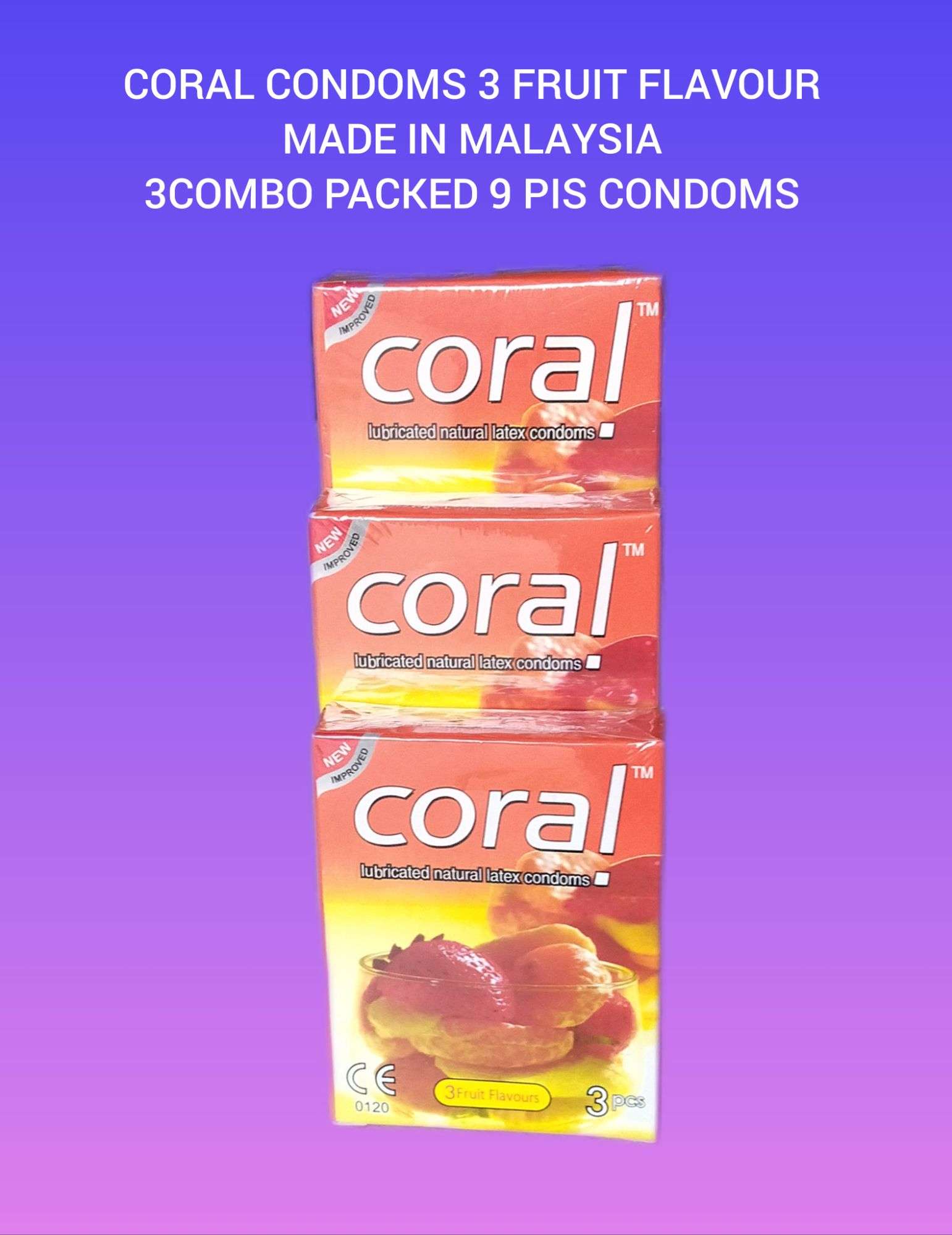 Picture of Coral Condoms made in Malaysia 3 fruit flavours 3 combo packed 3s (3×3=9) pis