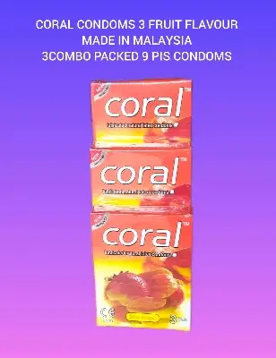Picture of Coral Condoms made in Malaysia 3 fruit flavours 3 combo packed 3s (3×3=9) pis