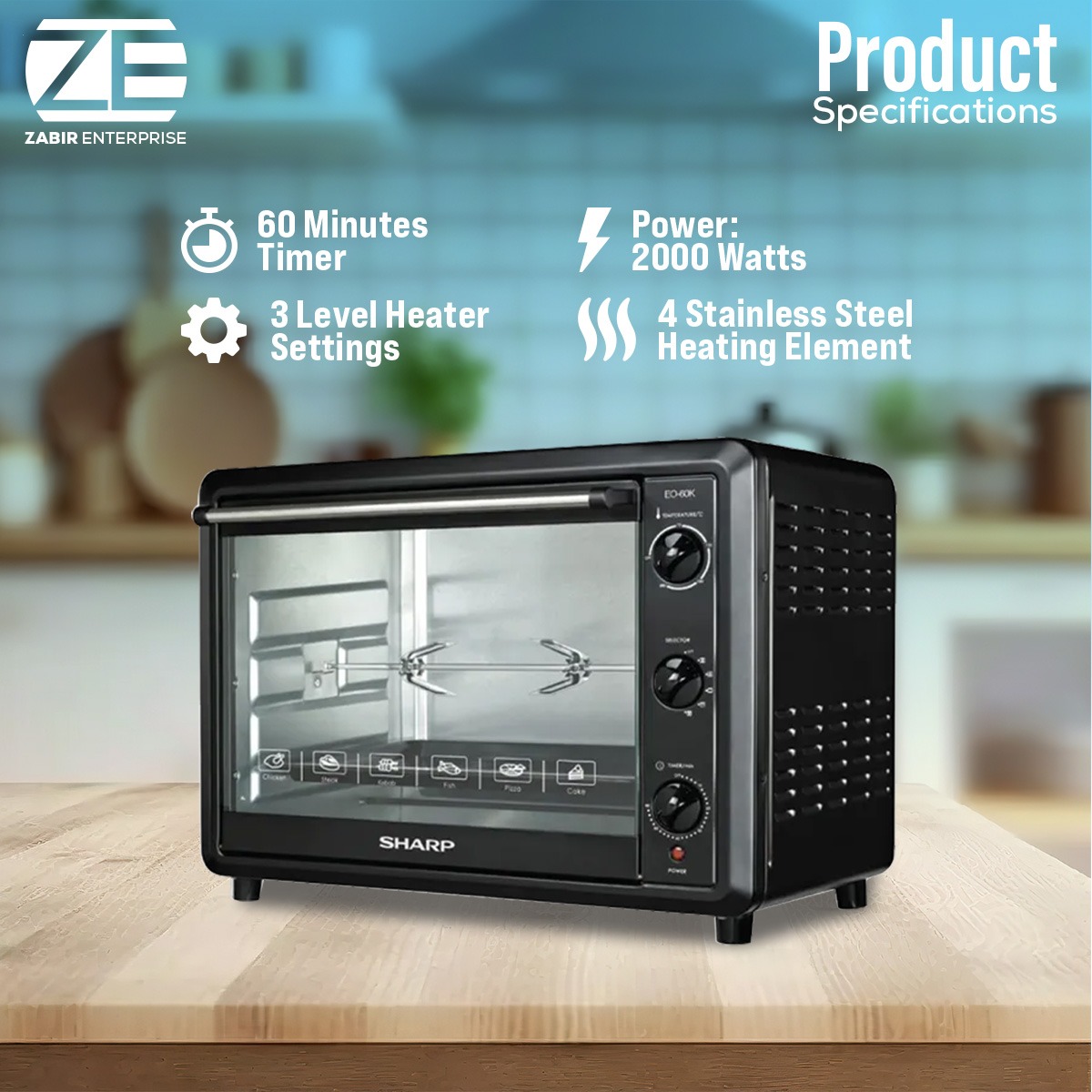 Picture of Sharp EO-60K-3 Electric Oven ( 60L, Black ) - Convection With Rotisserie.