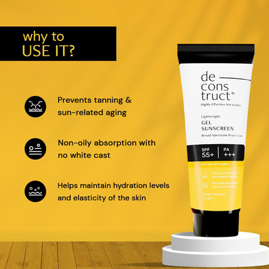 Picture of Deconstruct Face Gel Sunscreen SPF 55+ and PA+++ | Gel based sunscreen for oily skin, combination skin, normal skin | Broad spectrum sunscreen, No White Cast, Lightweight, Non greasy | Higher protection than sunscreen SPF 50 - 50g