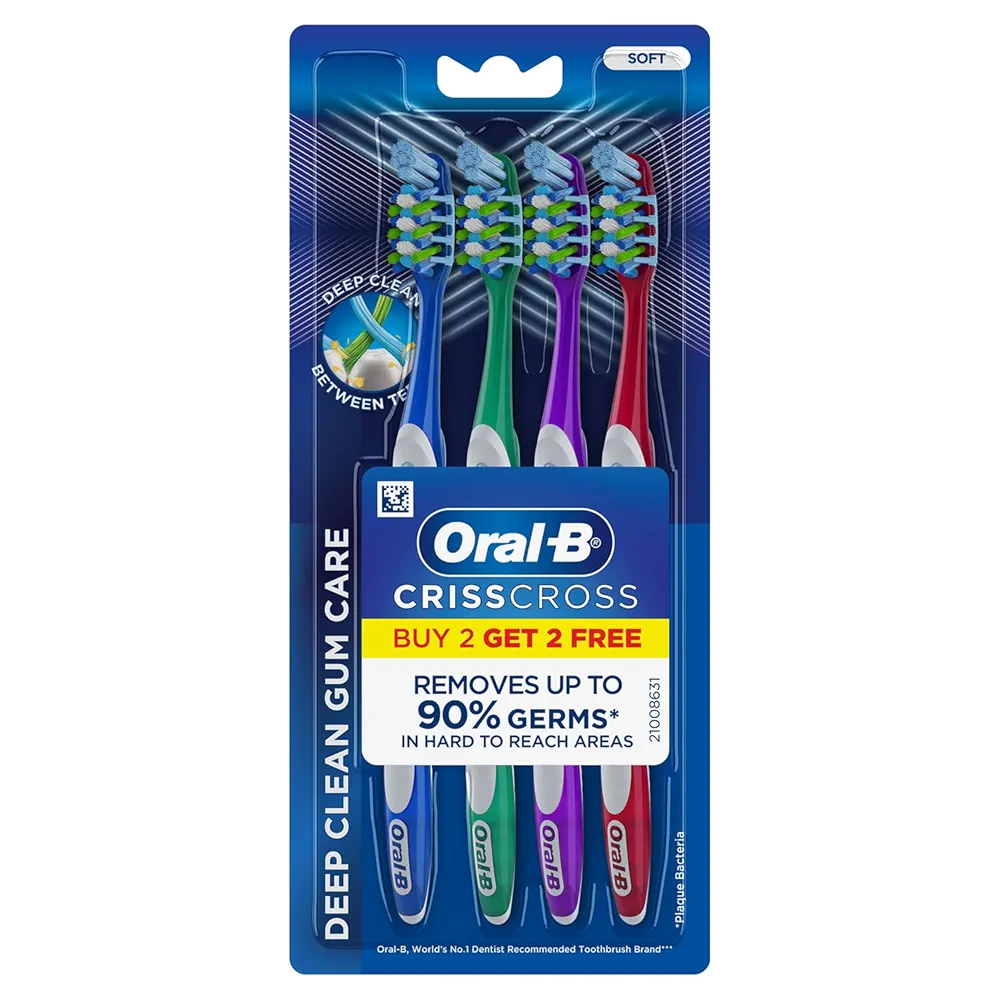 Picture of Oral-B Crisscross Gum Care Deep Clean Soft Bristle Toothbrush For Adults, Tongue Cleaner, Multicolour Toothbrush Set, Oral B Dentist Recommended Brand ( Buy 2 Get 2 Free)