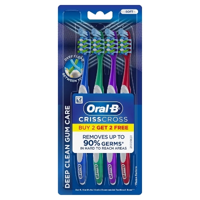 Picture of Oral-B Crisscross Gum Care Deep Clean Soft Bristle Toothbrush For Adults, Tongue Cleaner, Multicolour Toothbrush Set, Oral B Dentist Recommended Brand ( Buy 2 Get 2 Free)