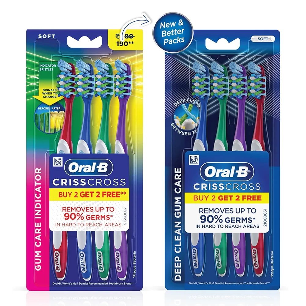 Picture of Oral-B Crisscross Gum Care Deep Clean Soft Bristle Toothbrush For Adults, Tongue Cleaner, Multicolour Toothbrush Set, Oral B Dentist Recommended Brand ( Buy 2 Get 2 Free)
