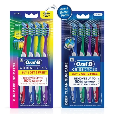 Picture of Oral-B Crisscross Gum Care Deep Clean Soft Bristle Toothbrush For Adults, Tongue Cleaner, Multicolour Toothbrush Set, Oral B Dentist Recommended Brand ( Buy 2 Get 2 Free)