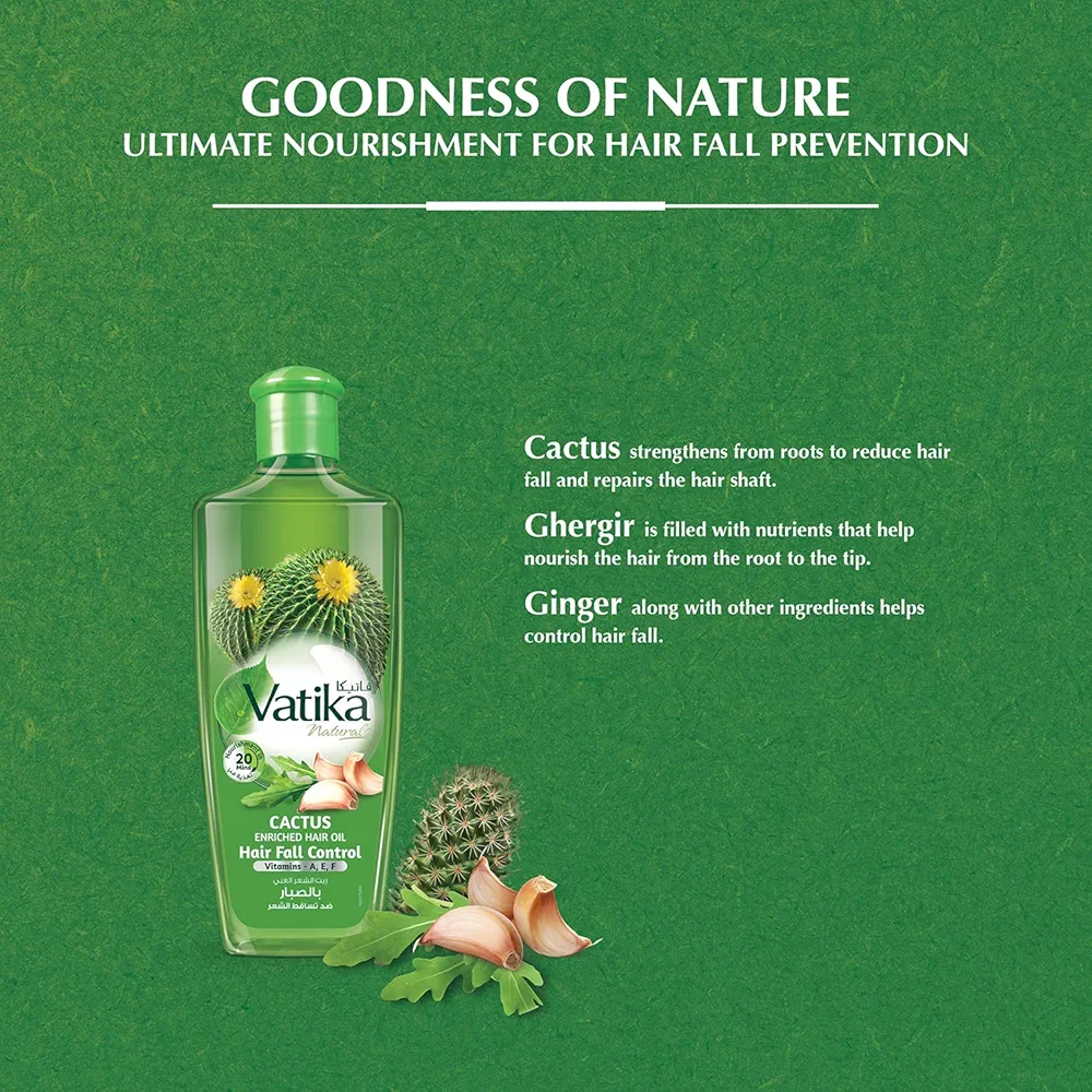 Picture of Vatika Naturals Cactus Hair Oil 300ml | Cactus, Ghergir, Ginger & Vitamins A, E, F | For Weak & Falling Hair | No Parabens, Sulphates or Silicones (300 ML)