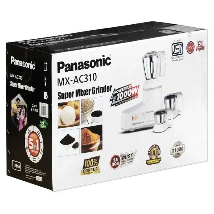 Panasonic 1000W 3 Jars Mixer Grinder (MX-AC310) White