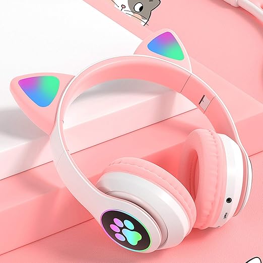Picture of CAT Over headphone STN-28 Over Ear Music Headset Glowing Cat Ear Headphones Foldable Wireless BT5.0 Earphone with Mic AUX IN TF Card MP3 Player Colorful LED Lights Compatible with PC Laptop Computer