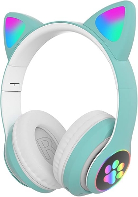 Picture of CAT Over headphone STN-28 Over Ear Music Headset Glowing Cat Ear Headphones Foldable Wireless BT5.0 Earphone with Mic AUX IN TF Card MP3 Player Colorful LED Lights Compatible with PC Laptop Computer