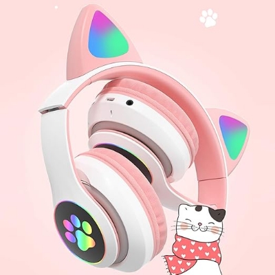 Picture of CAT Over headphone STN-28 Over Ear Music Headset Glowing Cat Ear Headphones Foldable Wireless BT5.0 Earphone with Mic AUX IN TF Card MP3 Player Colorful LED Lights Compatible with PC Laptop Computer