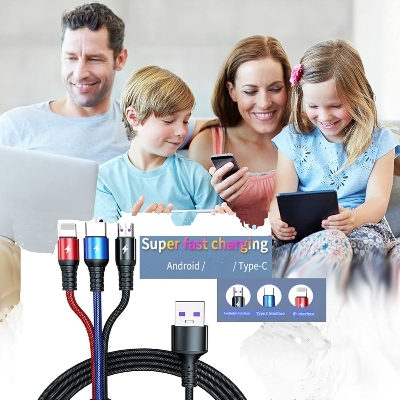 Picture of Recrsi charging cable 3 in 1, iphone,type-B, Type-c metal body for android -samsung/realme/oppo/vivo/iphone/walton/techno/xiaomi/nokia/laptop all device supported with premium quality