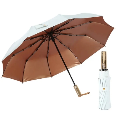Picture of Luxury 10 Ribs Automatic 3 Folding Umbrella Titanium Gold Sunshade Umbrella with Gold Metal Handle