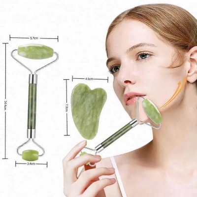 Picture of Green Natural Jade Massage Spa Rollers + Gua Sha Board Scrapers Set for face body relaxation anti-aging message