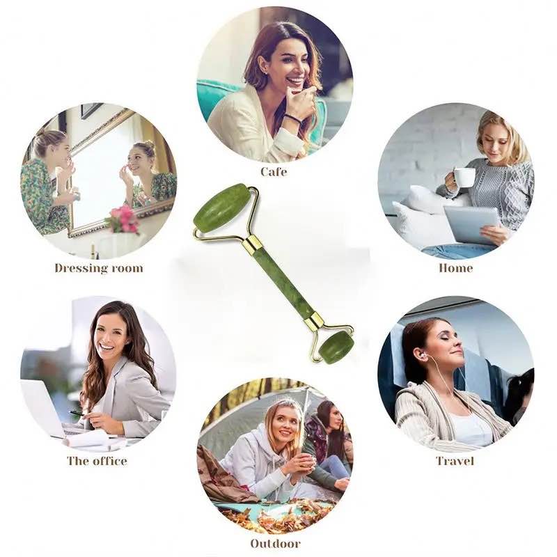 Picture of Green Natural Jade Massage Spa Rollers + Gua Sha Board Scrapers Set for face body relaxation anti-aging message