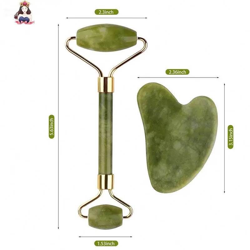 Picture of Green Natural Jade Massage Spa Rollers + Gua Sha Board Scrapers Set for face body relaxation anti-aging message