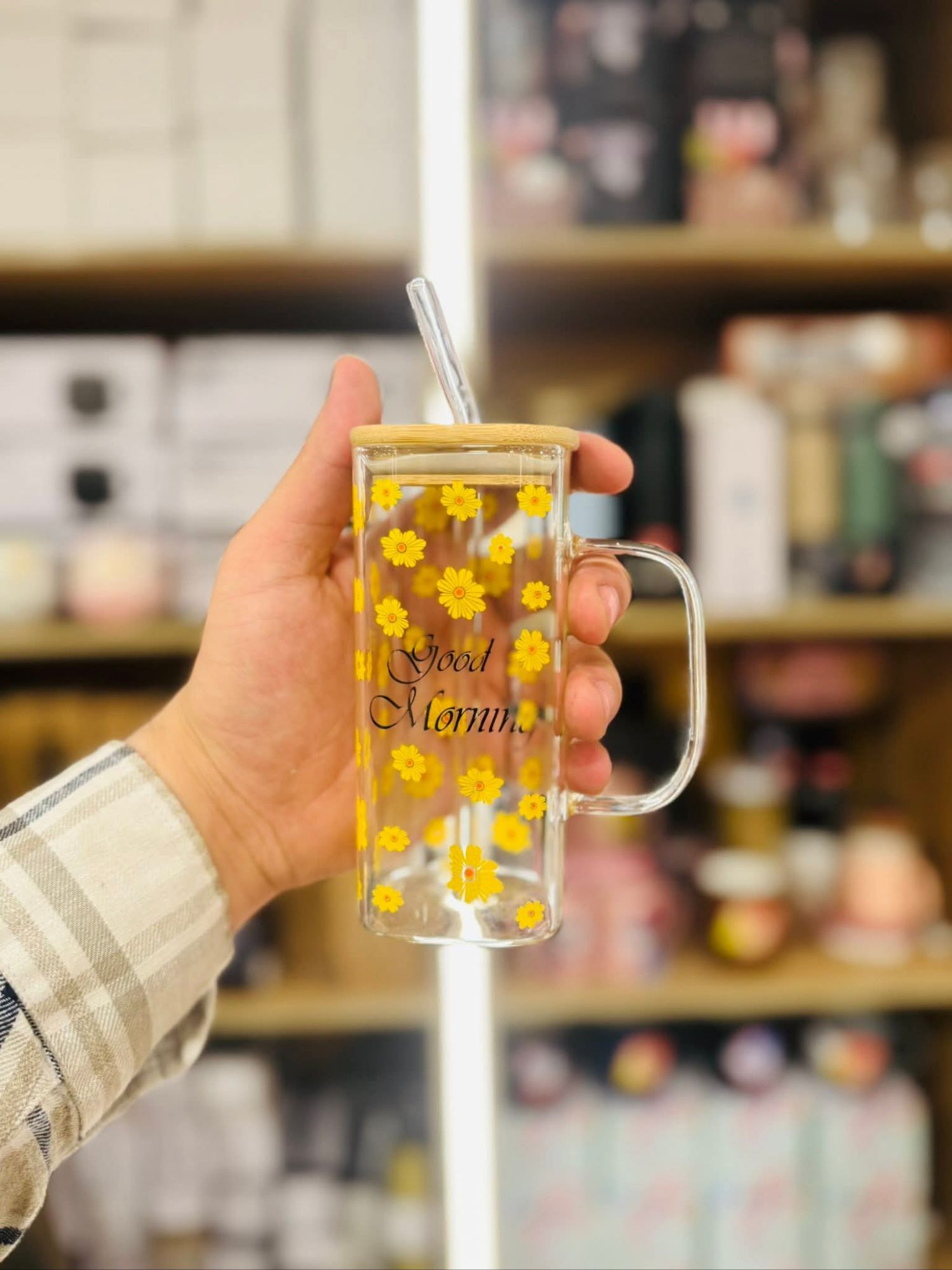 Picture of "Good Morning Glass Mug with Lid & Straw – Floral Design, Heat-Resistant, 400ml