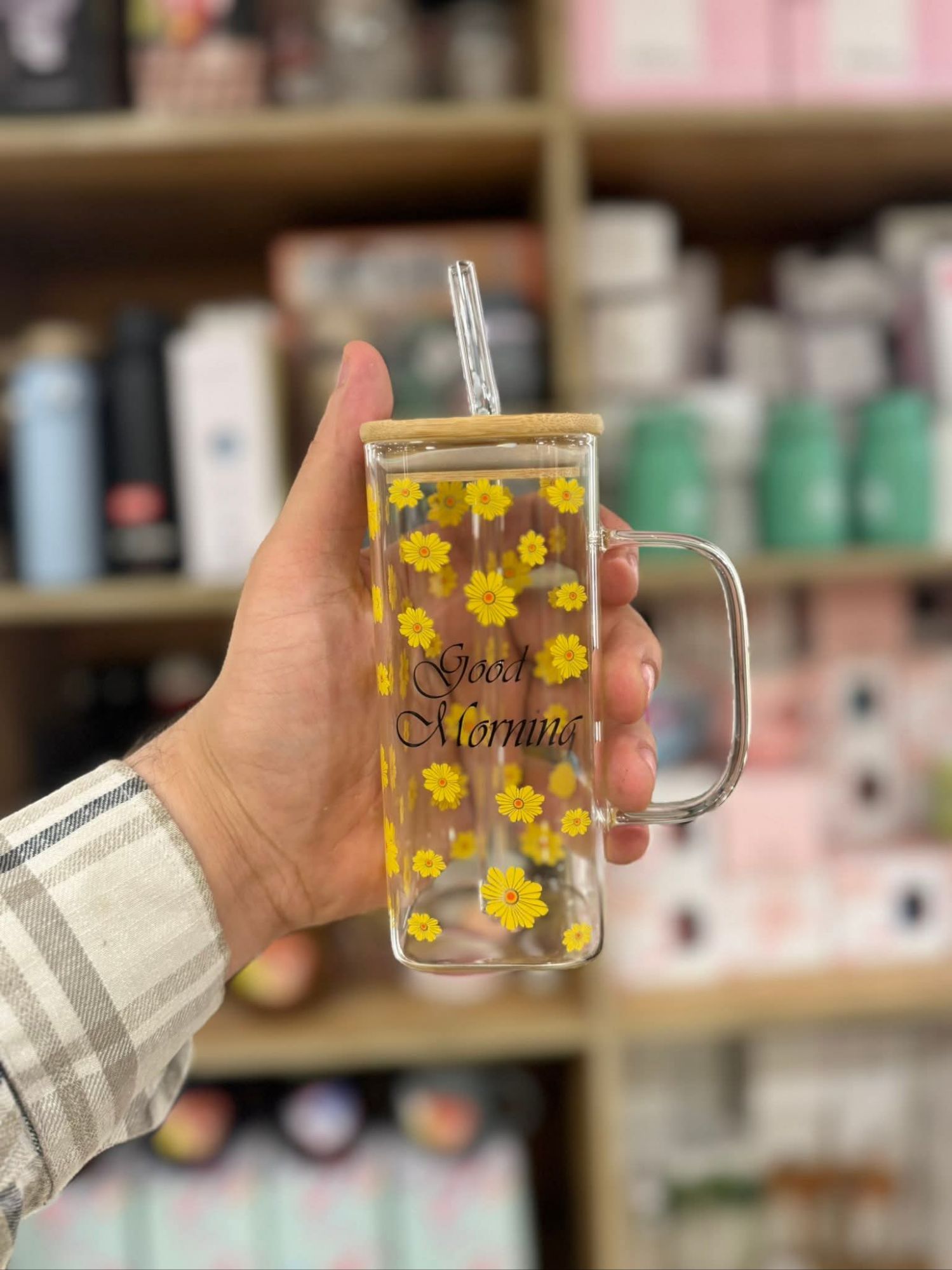 Picture of "Good Morning Glass Mug with Lid & Straw – Floral Design, Heat-Resistant, 400ml