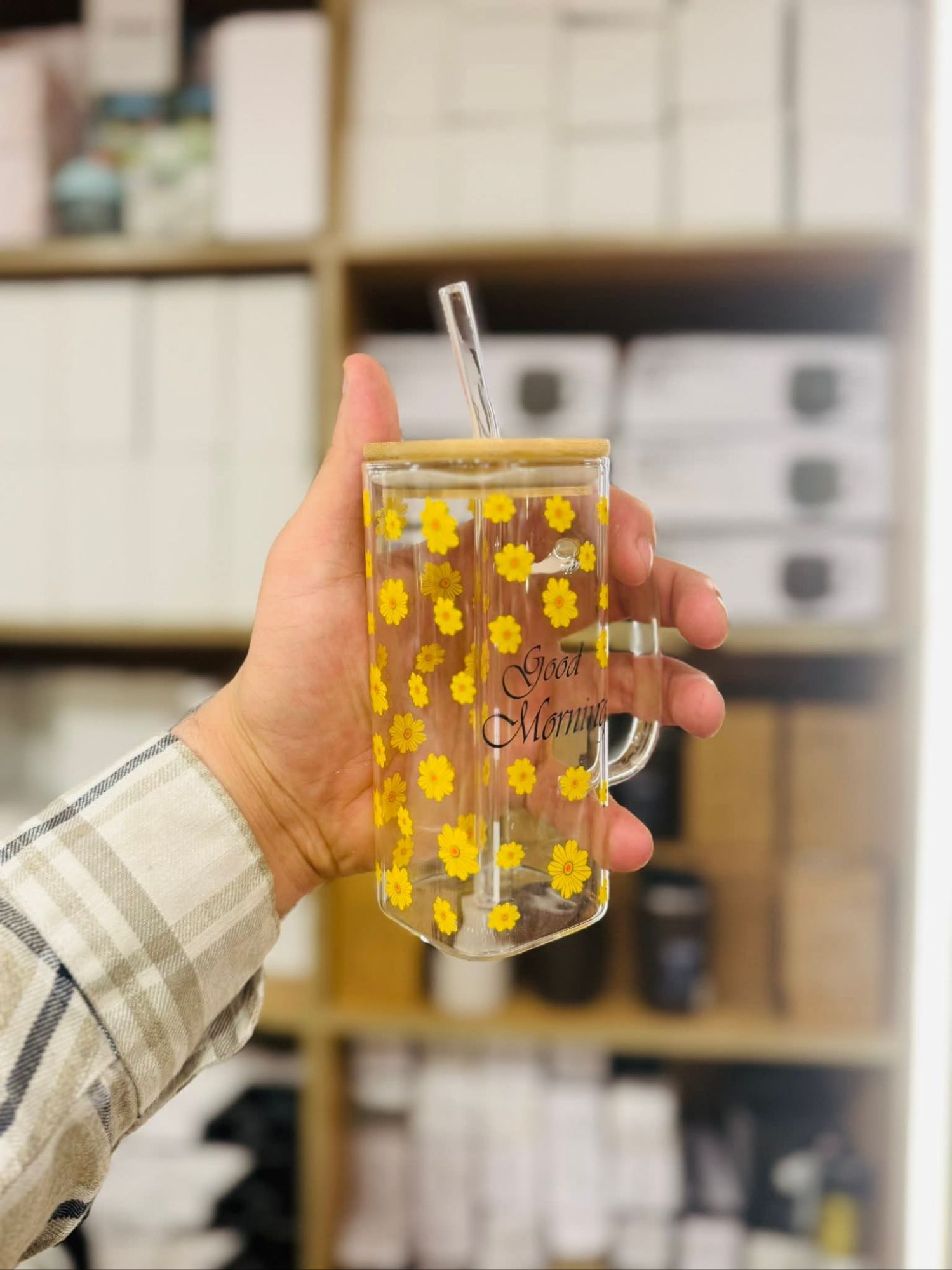 Picture of "Good Morning Glass Mug with Lid & Straw – Floral Design, Heat-Resistant, 400ml