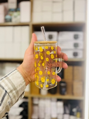 Picture of "Good Morning Glass Mug with Lid & Straw – Floral Design, Heat-Resistant, 400ml