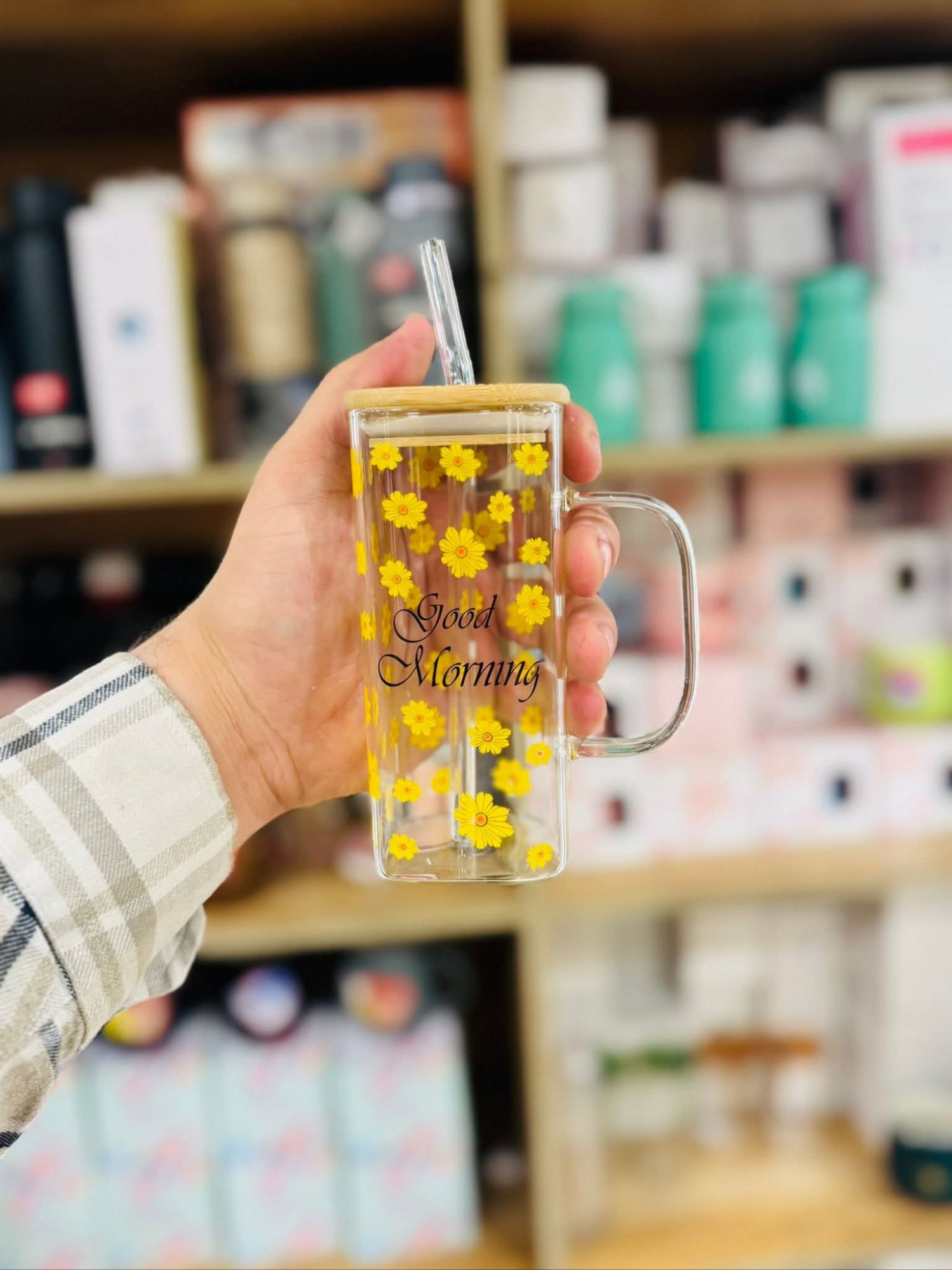 Picture of "Good Morning Glass Mug with Lid & Straw – Floral Design, Heat-Resistant, 400ml