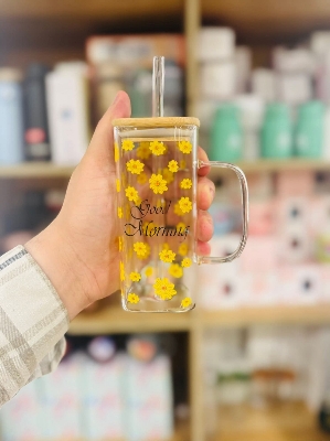 Picture of "Good Morning Glass Mug with Lid & Straw – Floral Design, Heat-Resistant, 400ml