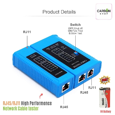 Picture of Network Cable Tester RJ45 RJ12 RJ11 Network Wires Detector Cat 5 Cat 6 Cable Connector Premium Cable Repair Set Cable Mapper for Cat5 Cat6 Telephone Line Cable with DC 9V D-link Blue Red