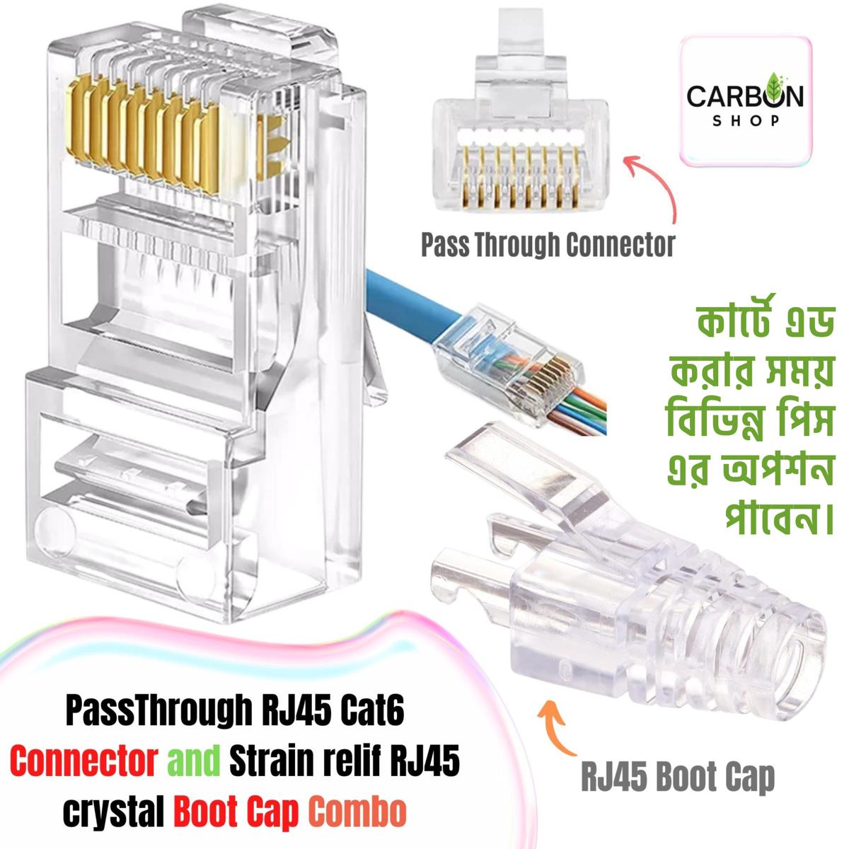 Picture of RJ45 Strain Relief Crystal Boot Cover with EZ RJ45 Gold Plated Crystal Pass Through Connector Modular for Network Lan Cable Cat6, Cat5, Cat5E 5/10/20/25/50/75/100Pcs