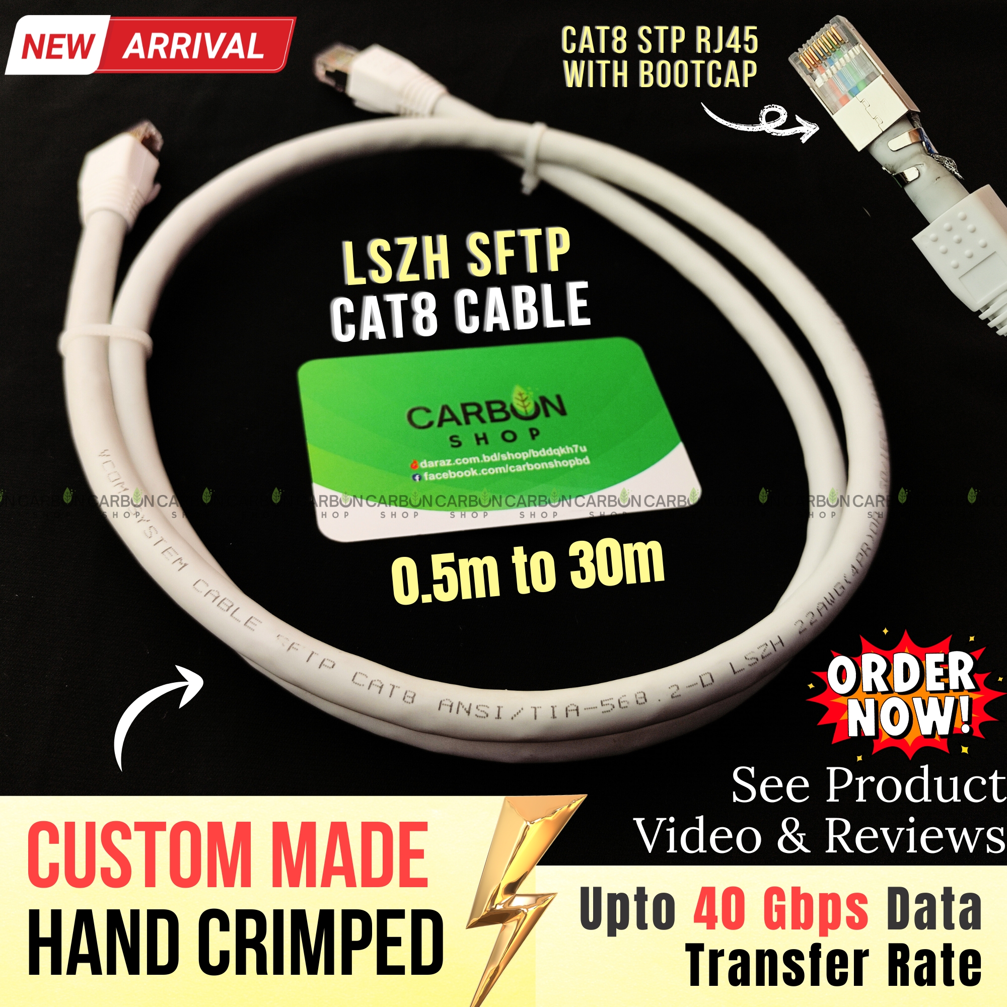 Picture of Cat8 Cable 40Gbps 2000Mhz Pure Copper Internet Ethernet Network 22AWG RJ45 Shielded Indoor LAN Cat 8 Cable SFTP  Ethernet Cable CAT8 40Gbps 2000MHz for Gaming, Router, PC - High Speed Reliable and Stable Connectivity