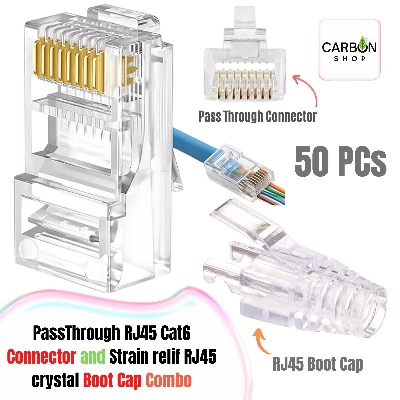 Picture of RJ45 Strain Relief Crystal Boot Cover with EZ RJ45 Gold Plated Crystal Pass Through Connector Modular for Network Lan Cable Cat6, Cat5, Cat5E 5/10/20/25/50/75/100Pcs