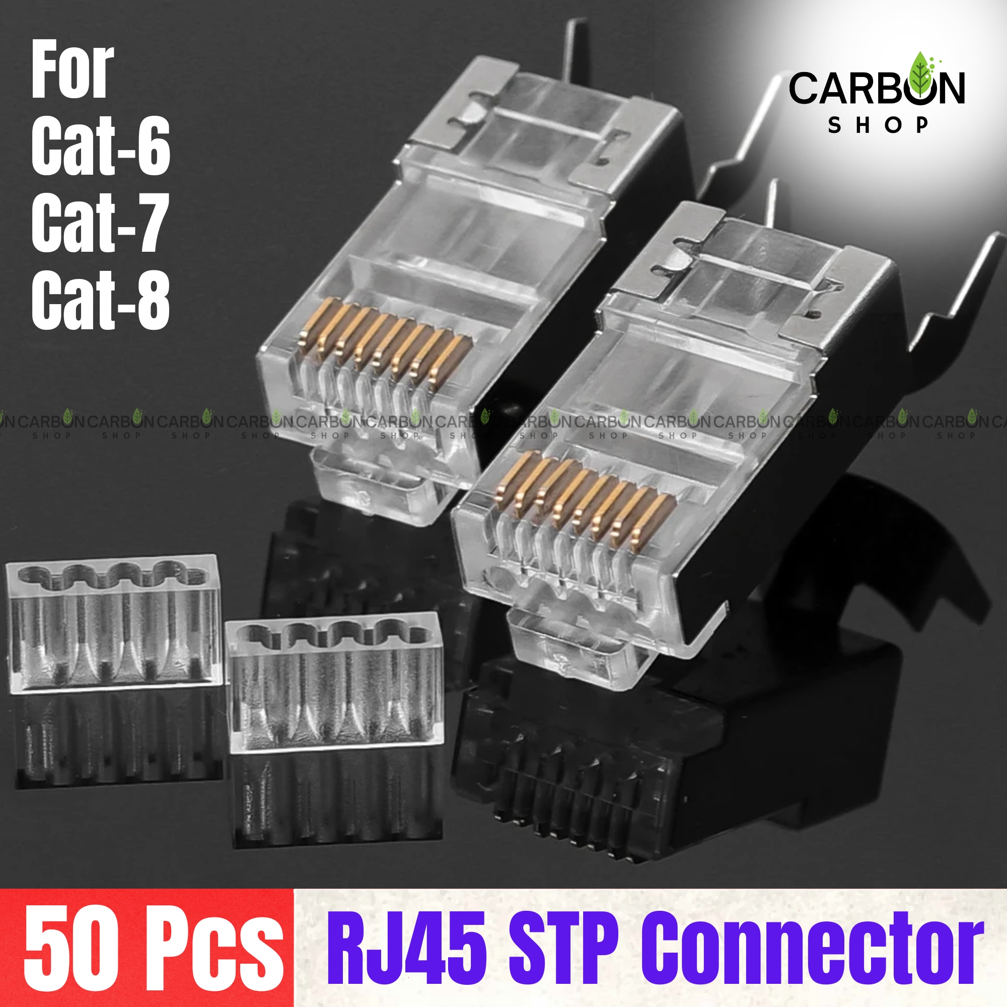 Picture of 50 Pcs Rj45 Ethernet Plug Pass through STP Connector Gold Plated Network Connector Cat6 Cat7 Cat8 50u Gold Plated 8P8C Modular Plugs FTP/STP Cable