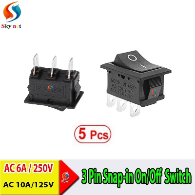 Picture of 5 Pcs Black Mini 3 Pin On Off Switch 6A-10A 250V XL601- 3 Pin Snap-in On/Off Rocker Switch 22 x 15 mm