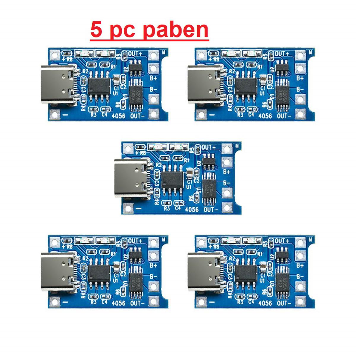 Picture of 5pcs TP4056 Type-C USB 5V 1A 18650 Lithium Battery Charger Module with Dual Protection Functions (Type C USB Input)