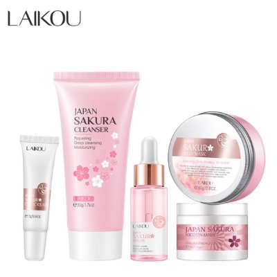 Picture of LAIKOU Sakura Skin Care Set 5pcs Brightening Serum / Whitening Face Moisturizer / Eye Cream / Cleansing Mud Mask Remove Acne