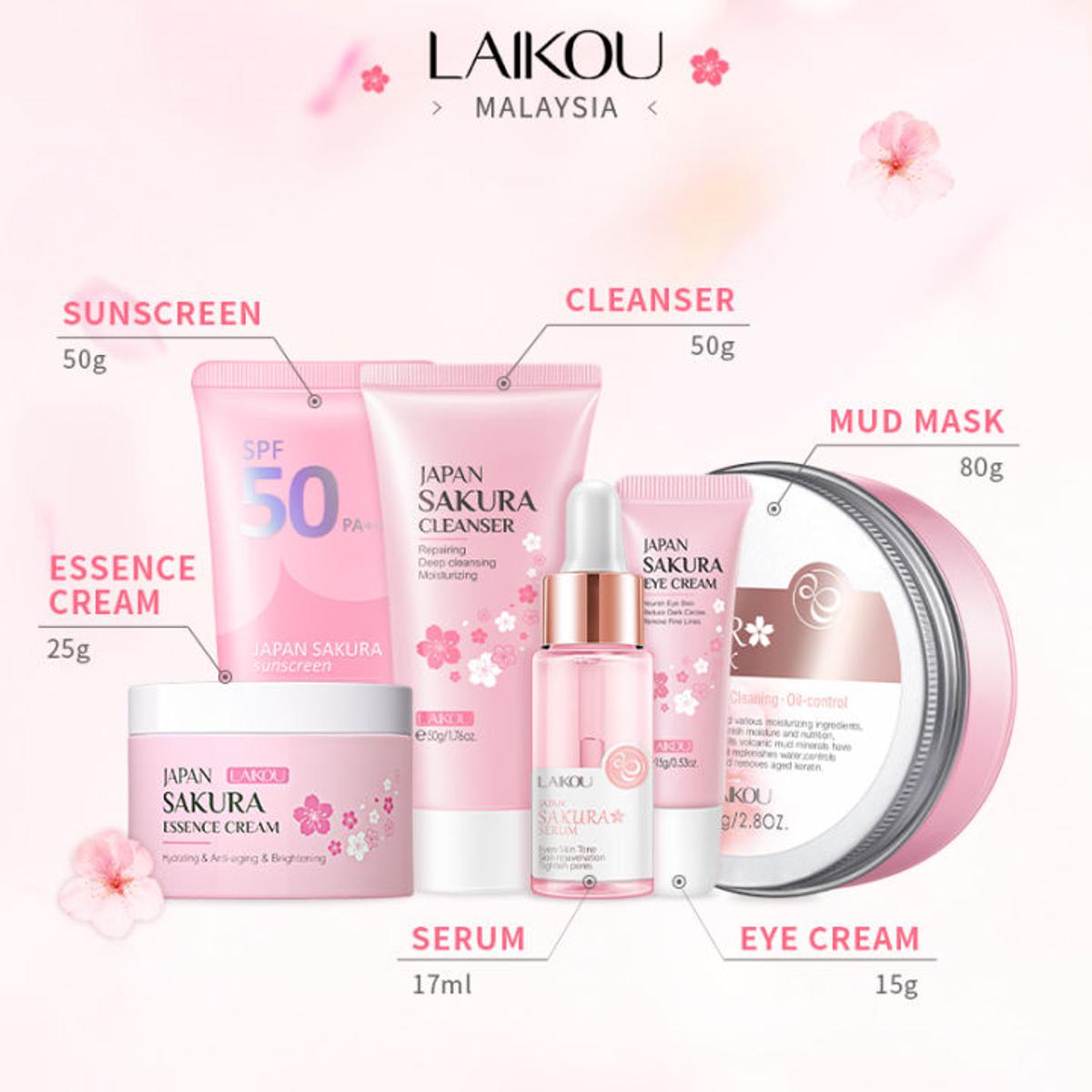 Picture of LAIKOU Sakura Skin Care Combo (Brightening Serum / Whitening Face Moisturizer / Eye Cream / Cleansing Mud Mask Remove Acne)-Set 6pcs
