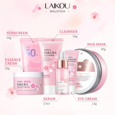 Picture of LAIKOU Sakura Skin Care Combo (Brightening Serum / Whitening Face Moisturizer / Eye Cream / Cleansing Mud Mask Remove Acne)-Set 6pcs