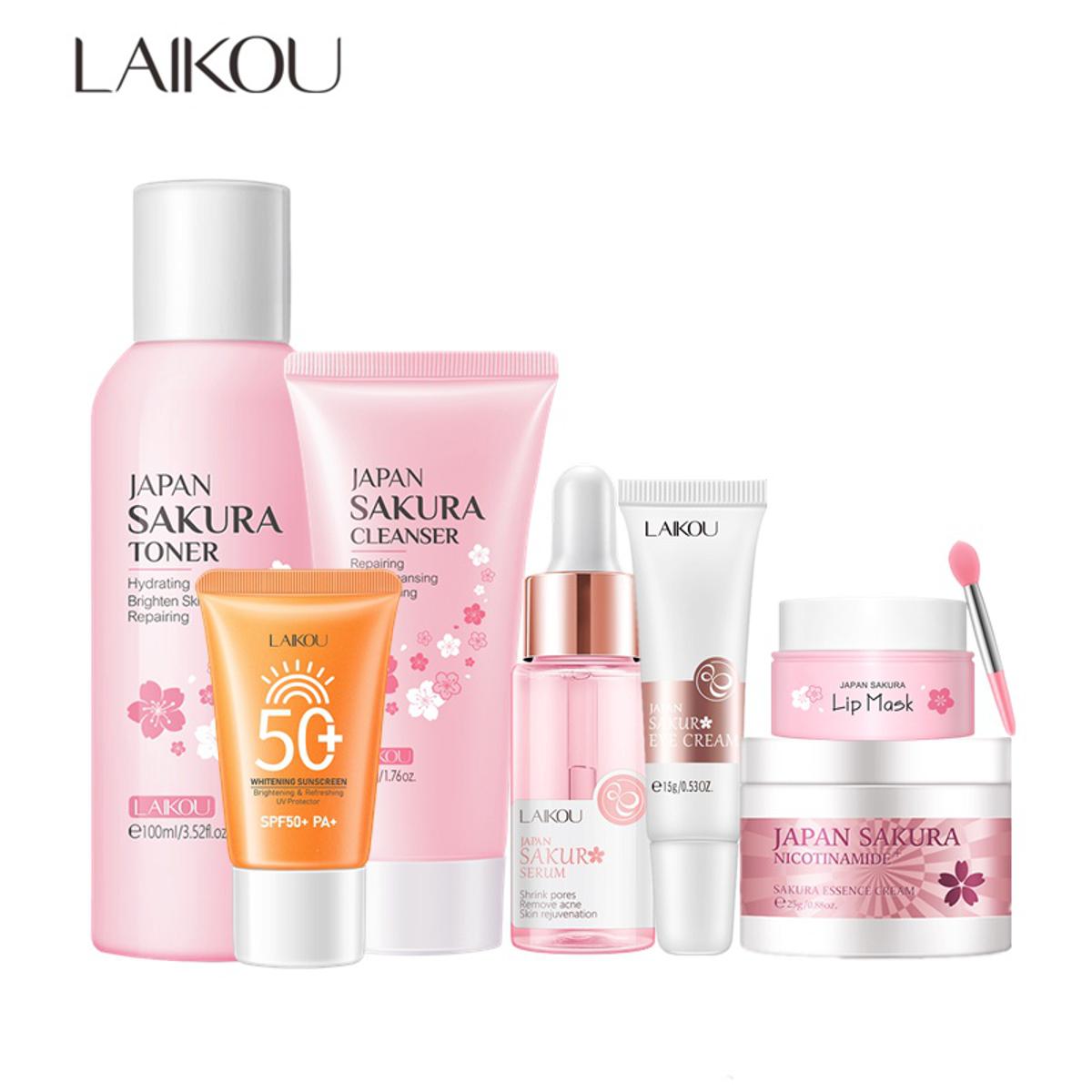 Picture of LAIKOU Japan Sakura Toner/ Sunscreen SPF50+ / Cleanser/Serum/Eye Cream/ Essence Cream /Lip Mask Combo set -7 pcs