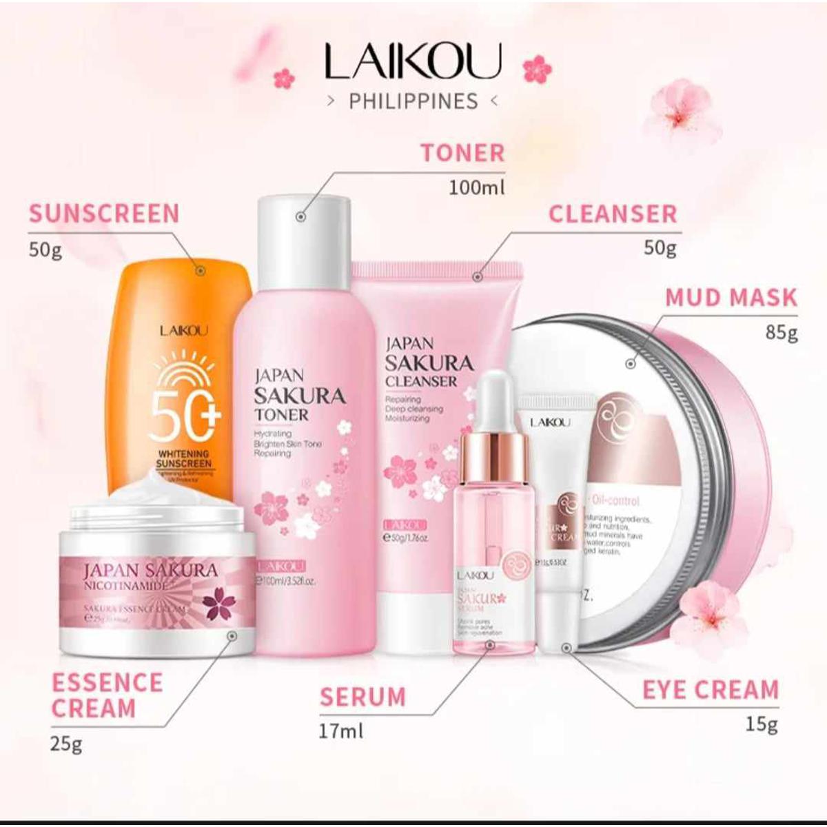 Picture of LAIKOU Japan Sakura Beauty Set Brighten Skin Tone Deep Nourishing Whitening Cherry Blossom Skin Care Beauty Set-7pcs