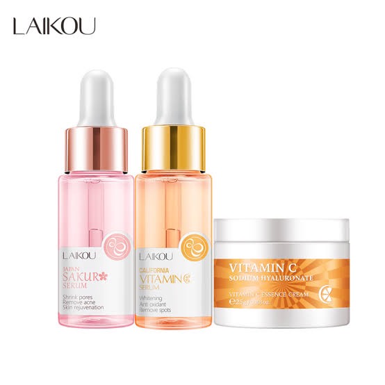 Picture of LAIKOU Vitamin C Sakura Serum Face Cream Whitening Fade Spots Moisturizing Anti Aging Natural Skin Care Value -3pcs Set